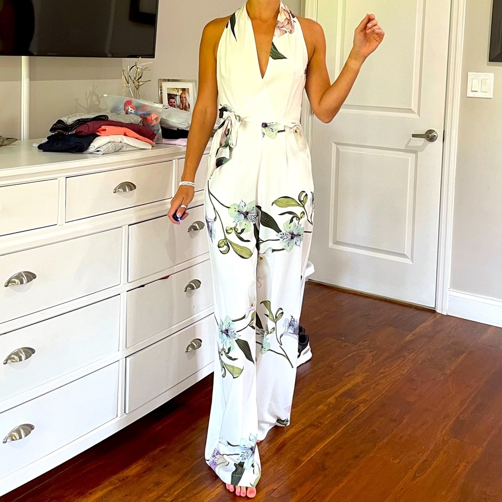 White Tropical Print Jumpsuit. Size S.
